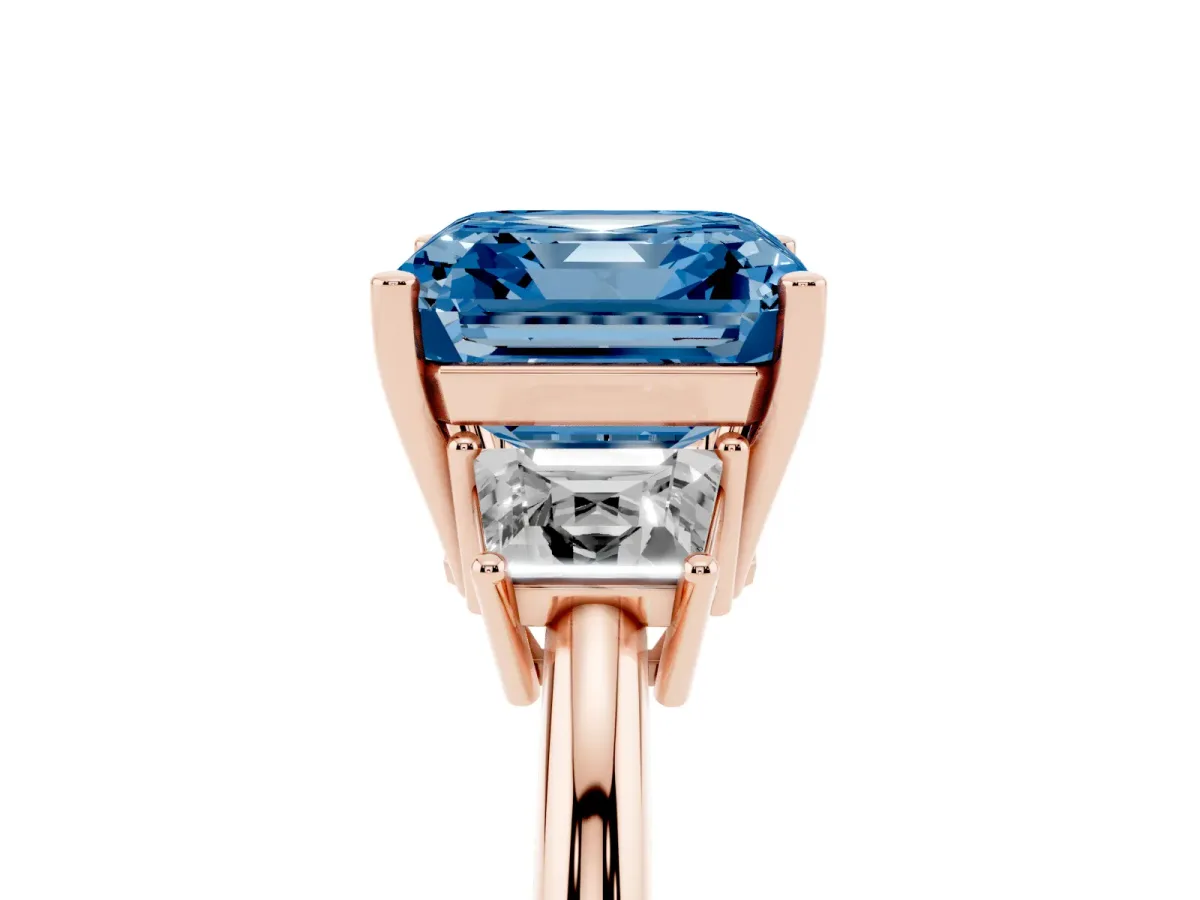 Fancy Blue Asscher Cut Diamond Three-Stone Ring with Trapezoid Side Stones and Prong Setting Rose gold