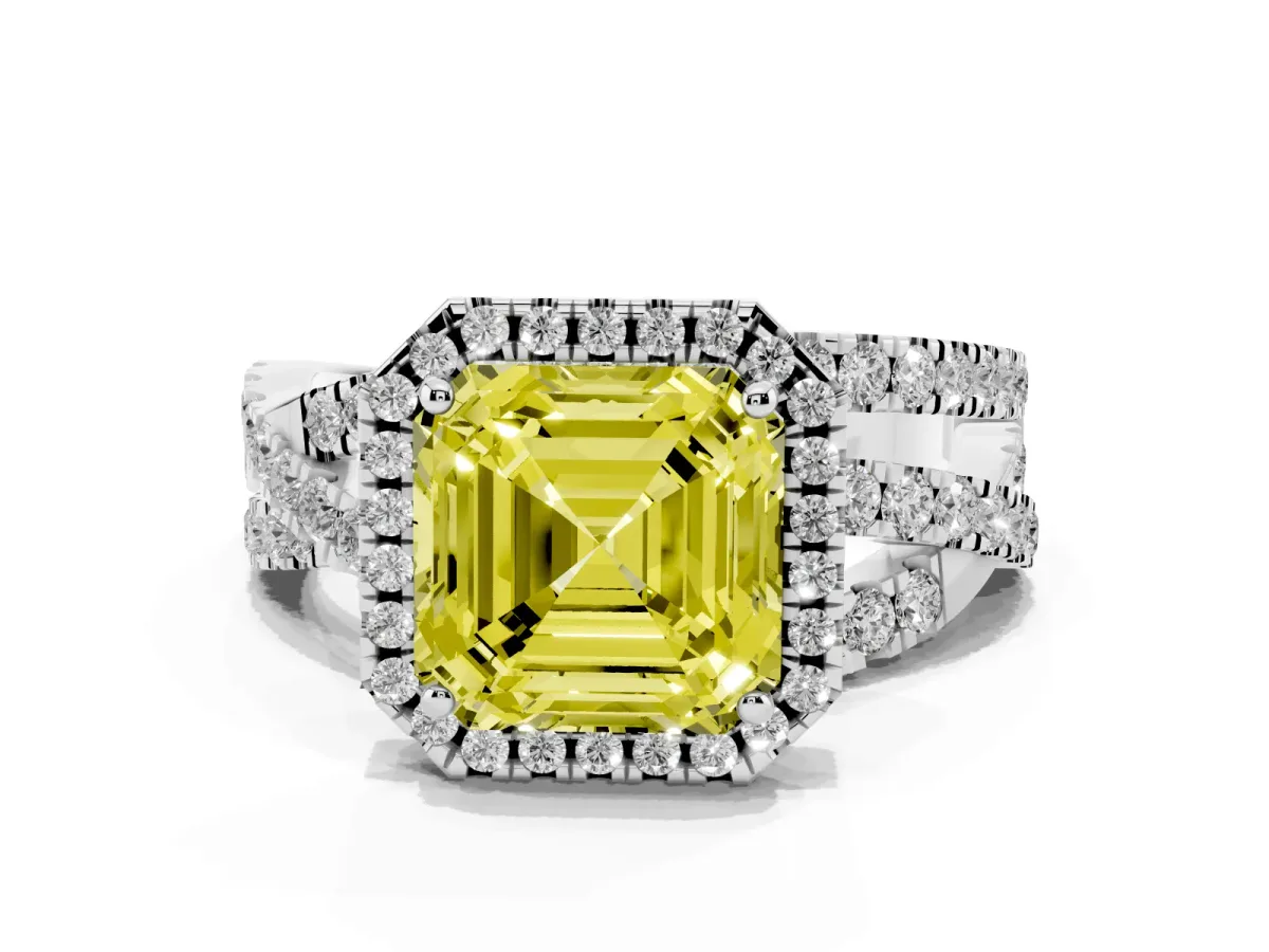Fancy Yellow Asscher Cut Diamond Halo Ring with Round Split Shank and Prong Setting Silver