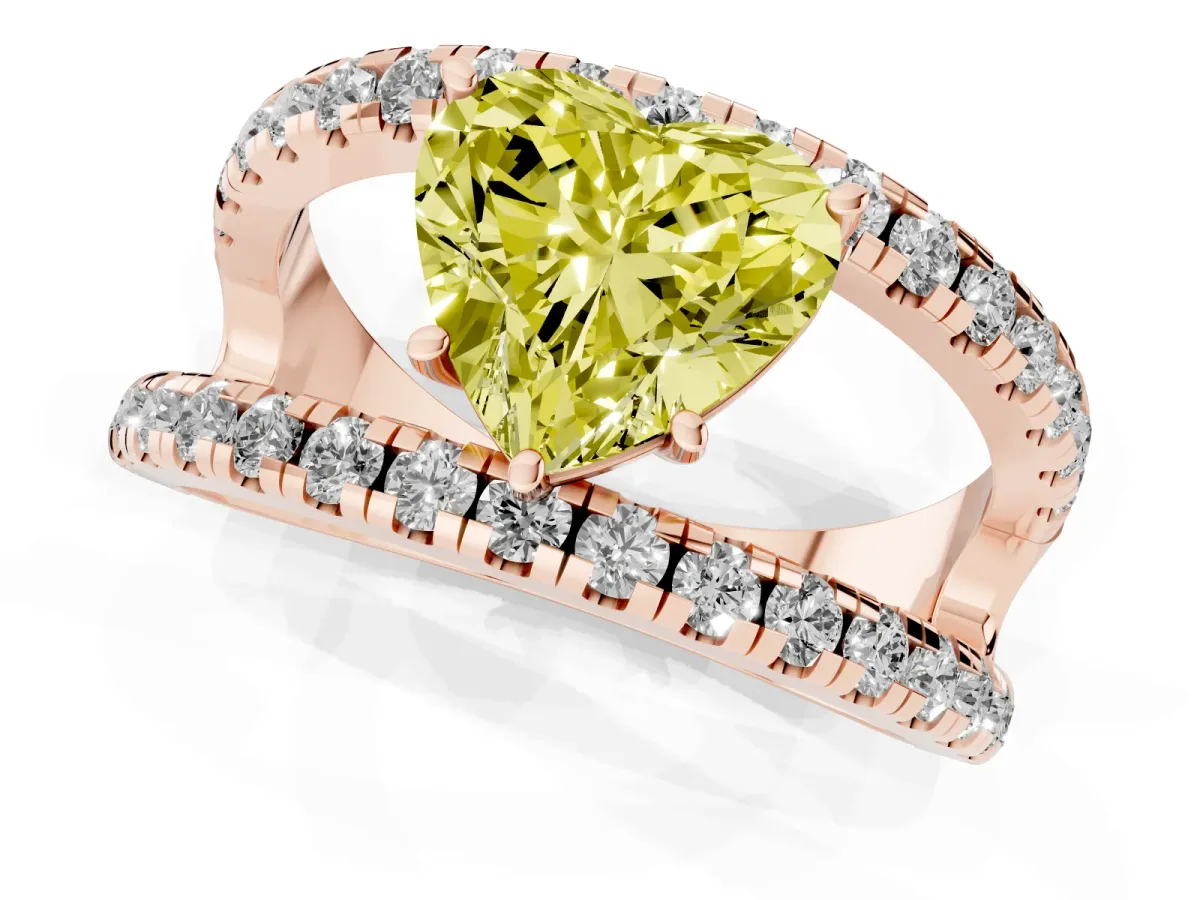 Fancy Yellow Heart Cut Solitaire Split Shank Pave Diamond Ring Rose gold