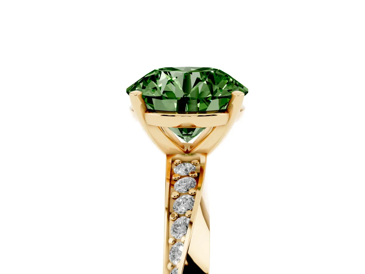 Fancy Green Round Cut Diamond Engagement Ring with Side Stone Accents and Four-Prong Setting Yellow gold