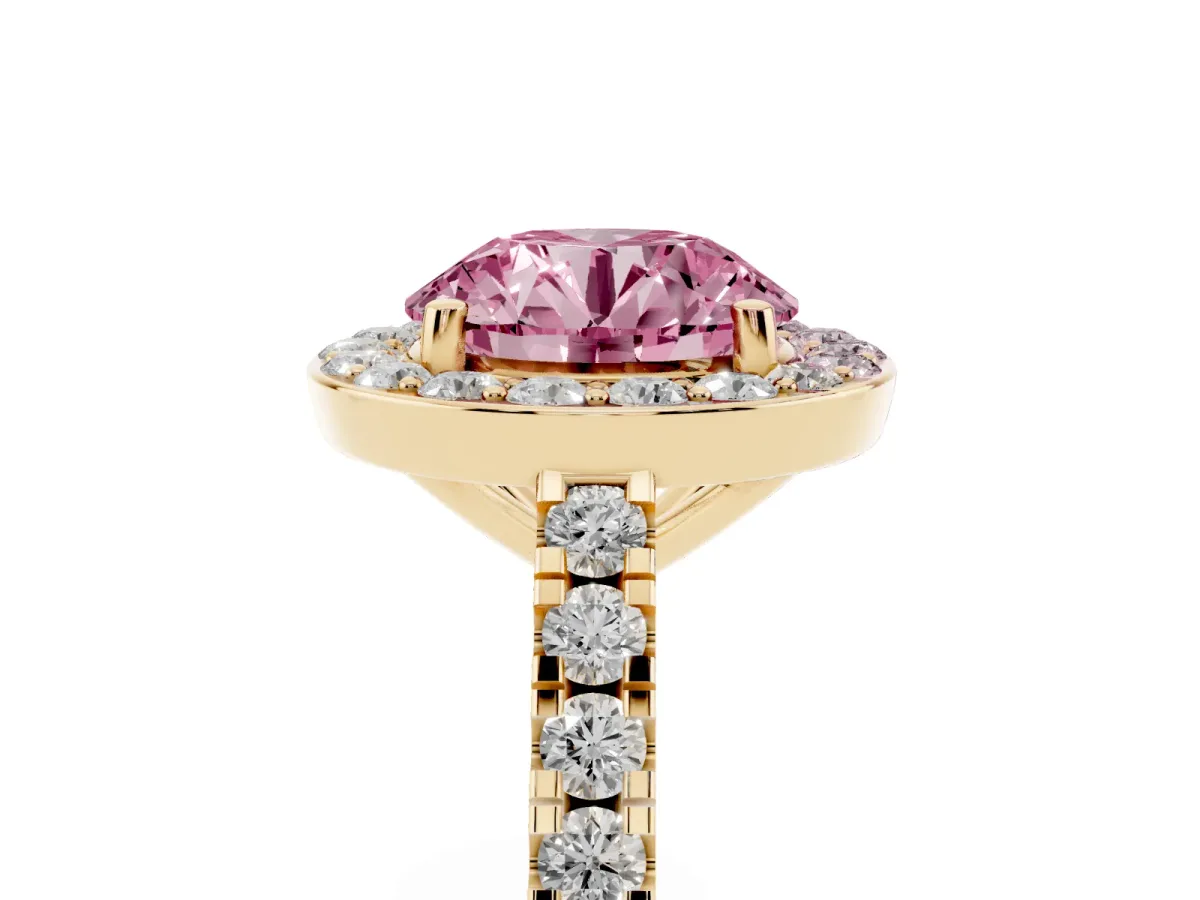 Fancy Pink Round Cut Diamond Halo Ring with Round Pavé Split Shank and Prong Setting Yellow gold