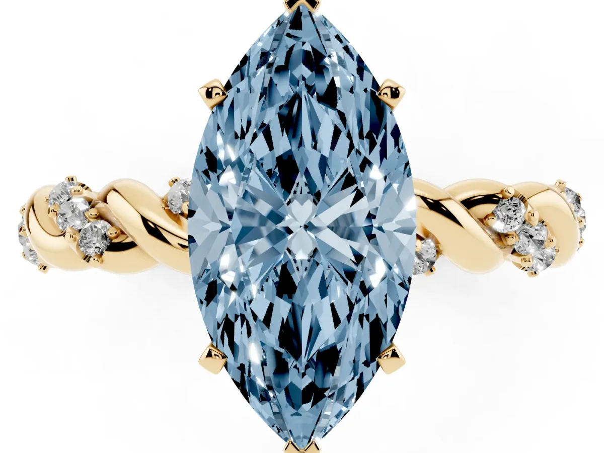 Fancy Blue Marquise Cut Diamond Solitaire Ring with Twisted Band and Pavé Accents Yellow gold