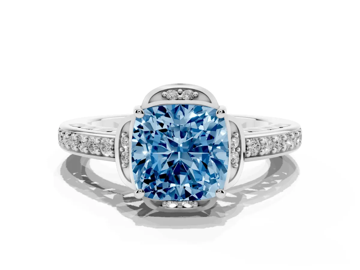 Fancy Blue Cushion Cut Cut Halo Diamond Ring with Channel Set Band and Four-Prong Setting Silver