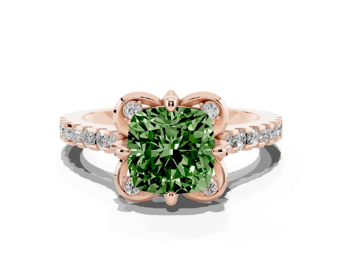 Fancy Green Cushion Cut Diamond Ring with Pavé Band and Floral Prong Setting Rose gold