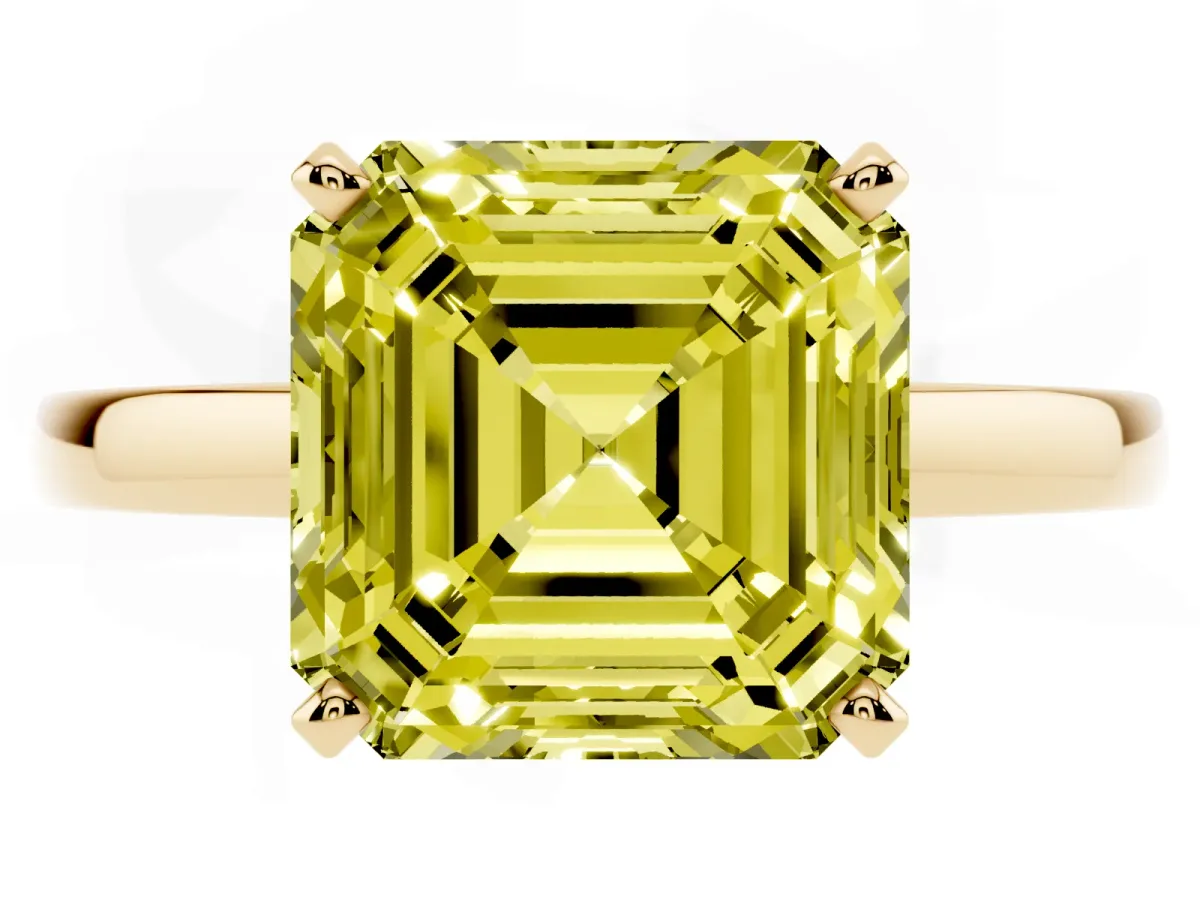 Fancy Yellow Asscher Cut Solitaire Diamond Engagement Ring with Four-Prong Setting on a Classic Band Yellow gold