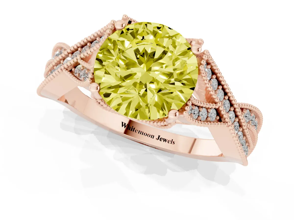 Fancy Yellow Round Cut Cut Diamond Twisted Band with Milgrain Pave Setting and Four-Prong Setting Rose gold