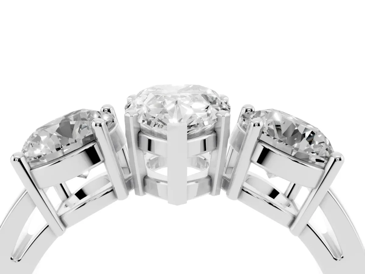 Three-Stone Pear Cut Diamond Ring with Round Side Stones, Classic Band, and Four-Prong Setting Platinum