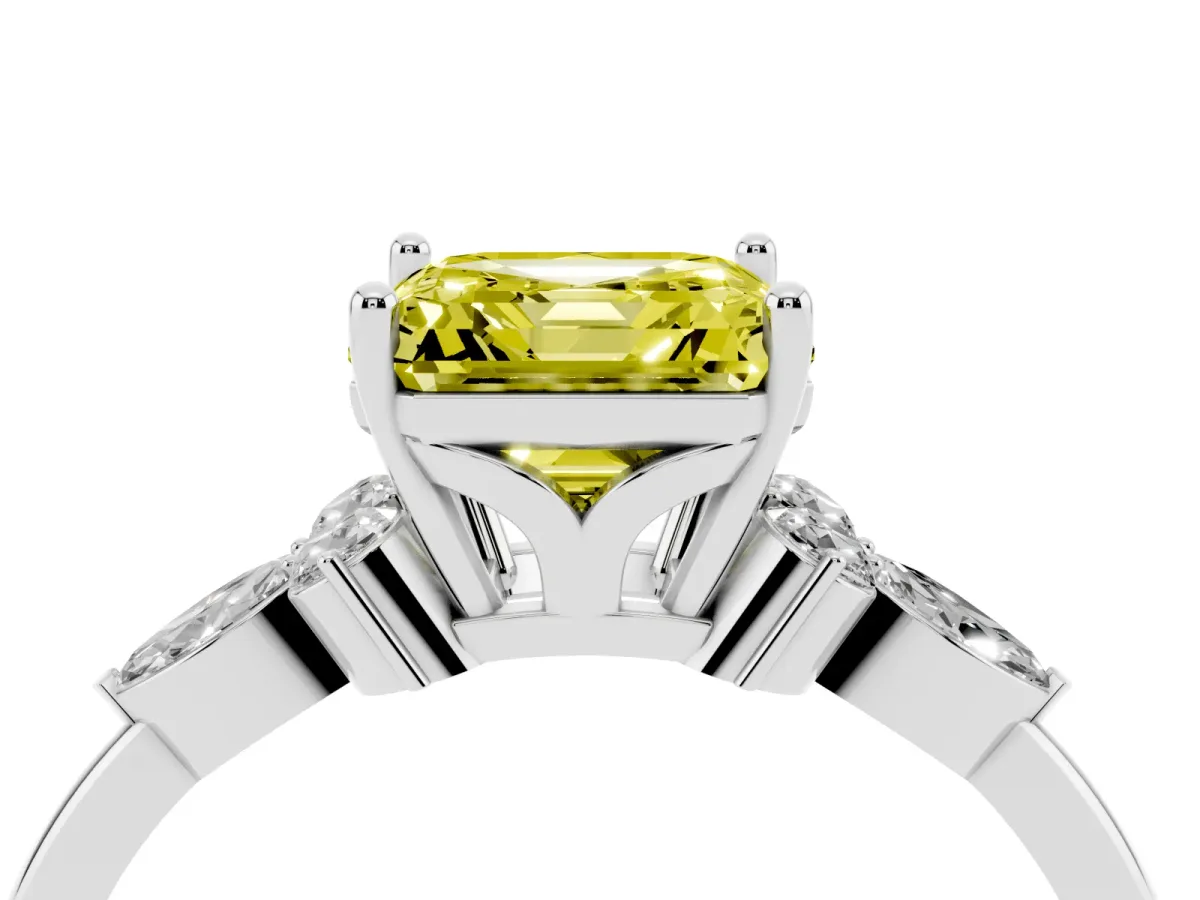 Fancy Yellow Asscher Cut Brilliant Diamond Solitaire Ring with Pear Side Stones and Four-Prong Setting White gold