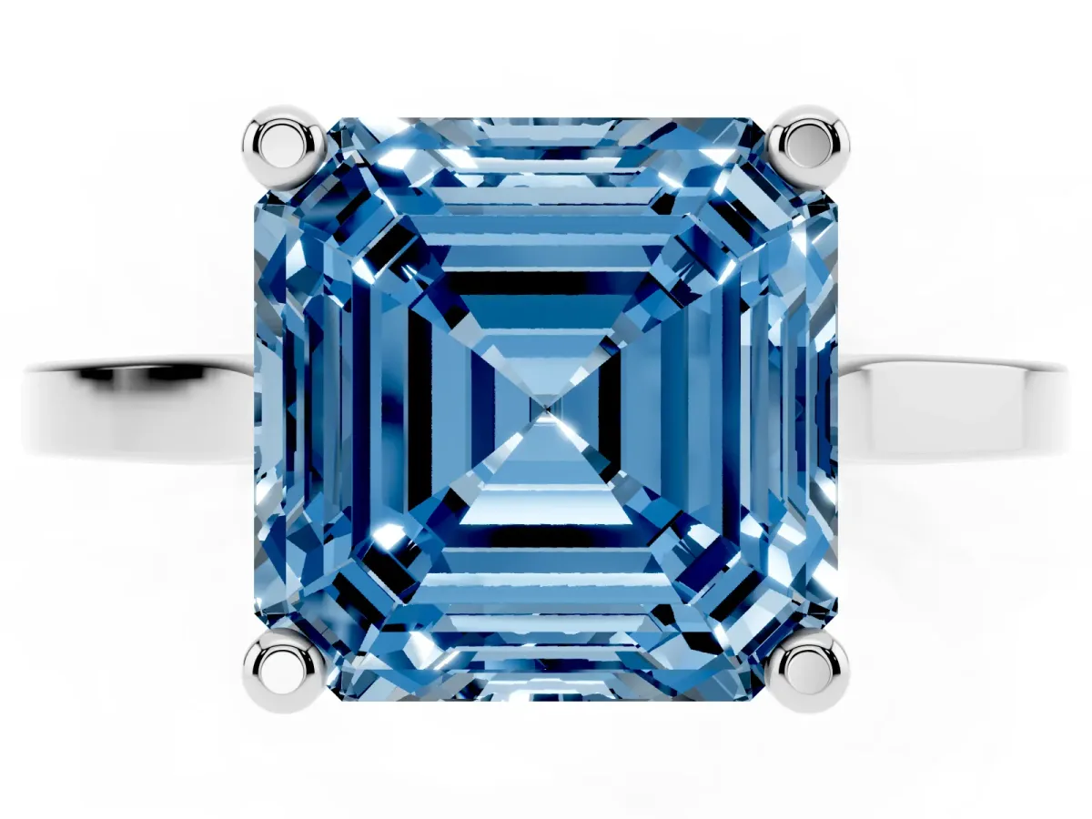 Fancy Blue Asscher Cut Solitaire Diamond Ring with Four-Prong Setting and Tapered Band Silver
