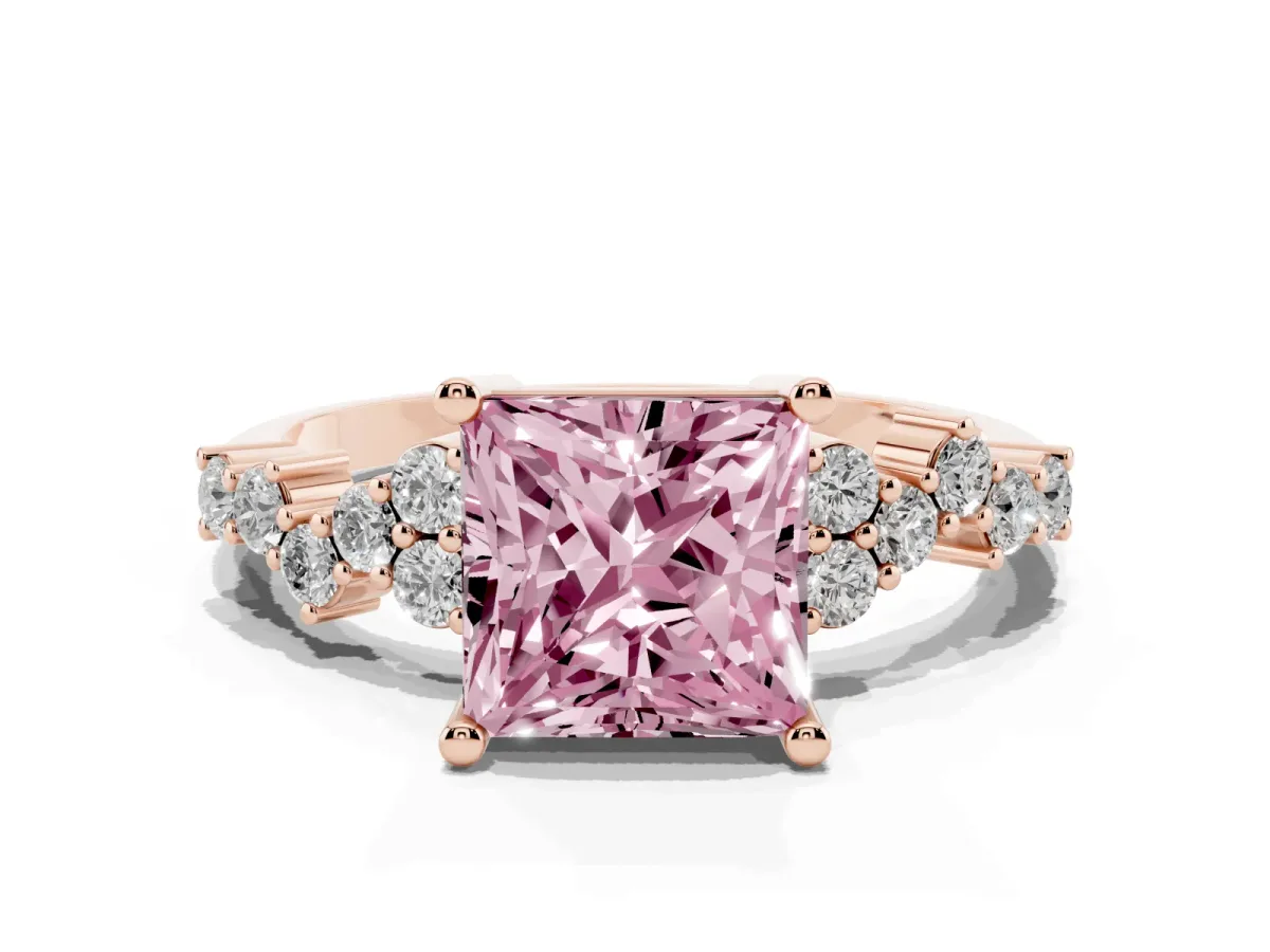 Fancy Pink Princess Cut Diamond Scattered Round Accent Ring with Prong Setting Rose gold