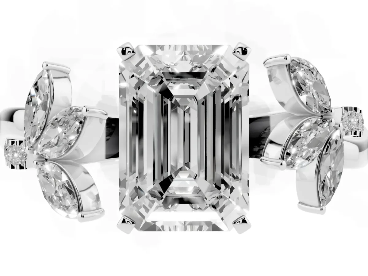 Emerald Cut Diamond Floral Vine Solitaire Engagement Ring Silver