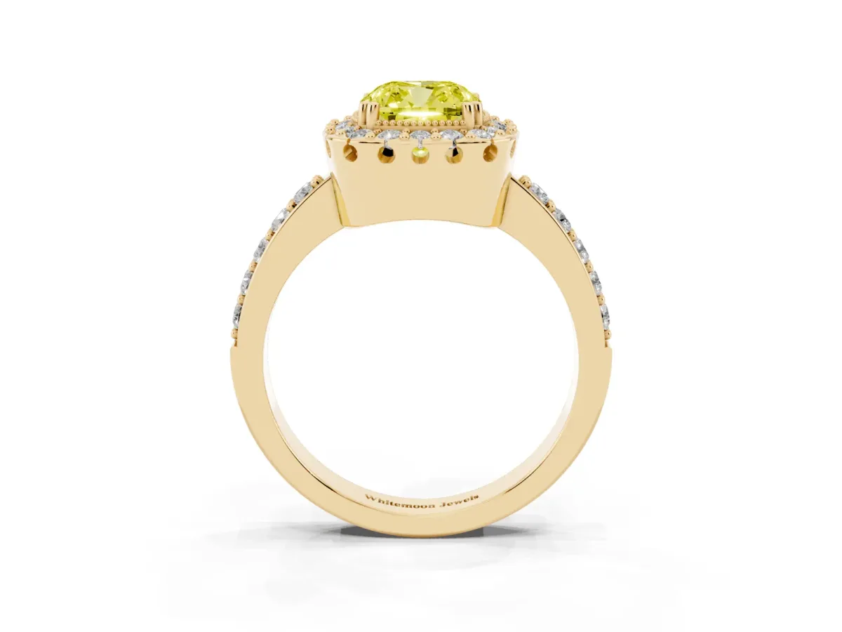 Fancy Yellow Cushion Cut Diamond Halo Ring with Pavé Band and Prong Setting Yellow gold