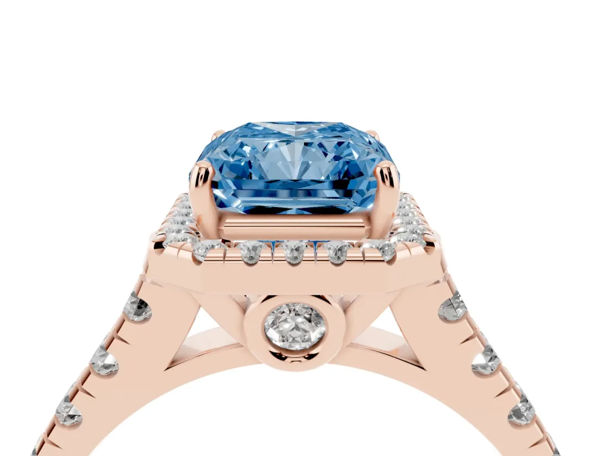 Fancy Blue Radiant Cut Halo Pavé Diamond Engagement Ring with Four-Prong Setting Rose gold