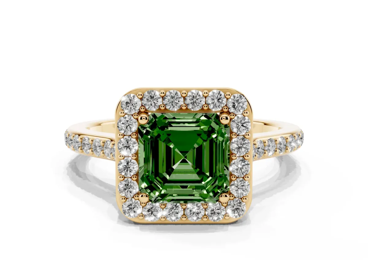 Fancy Green Asscher Cut Diamond Halo Engagement Ring with Round Pavé Shoulders and Prong Setting Yellow gold