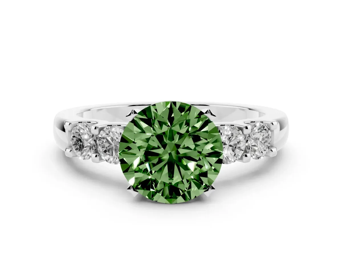 Fancy Green Round Cut Brilliant Cut Diamond Five-Stone Prong Set Engagement Ring with Channel Band Silver