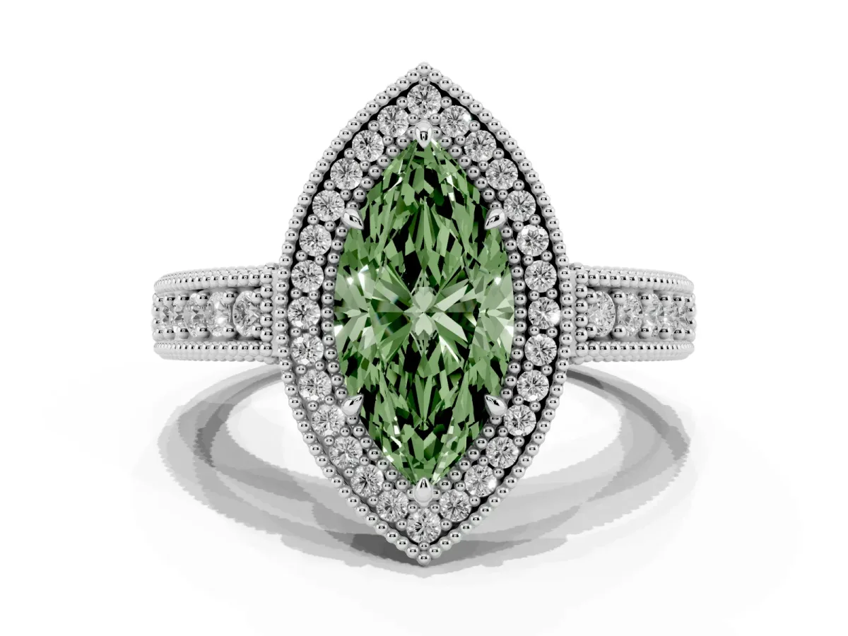 Fancy Green Marquise Cut Cut Halo Diamond Ring with Pavé Band and Four-Prong Setting Platinum