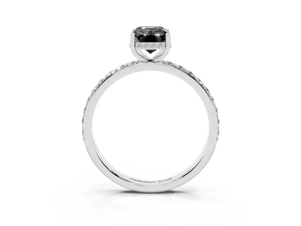 Fancy Black Emerald Cut Diamond Solitaire Ring with Pavé Band and Hidden Halo Silver