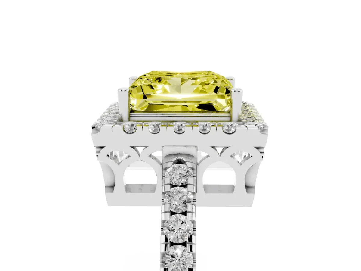Fancy Yellow Princess Cut Halo Diamond Engagement Ring with Pavé Band and Four-Prong Setting Silver