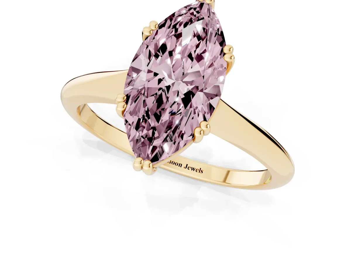 Fancy Pink Marquise Cut Solitaire Diamond Ring with Six-Prong Setting and Classic Band Yellow gold