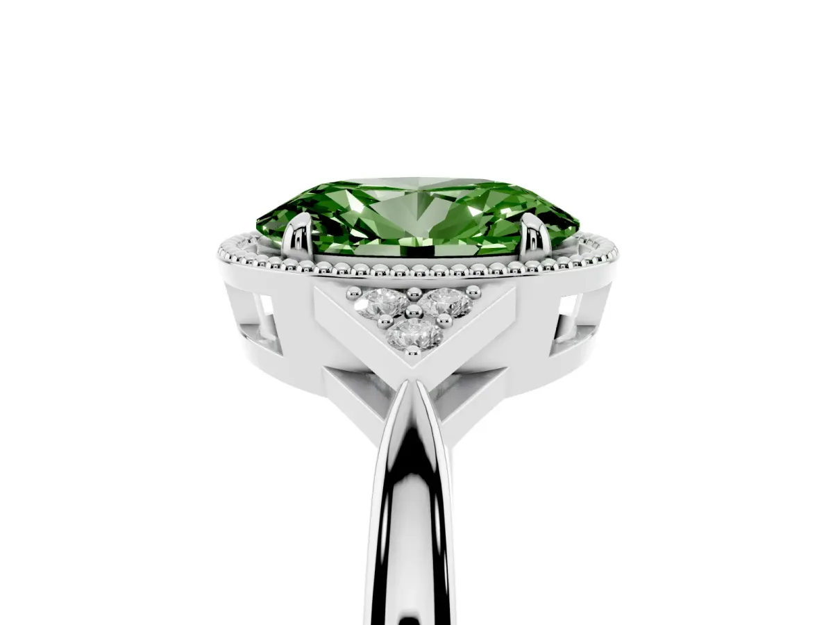 Fancy Green Oval Cut Diamond Halo Ring with Tapered Band and Four-Prong Setting Platinum