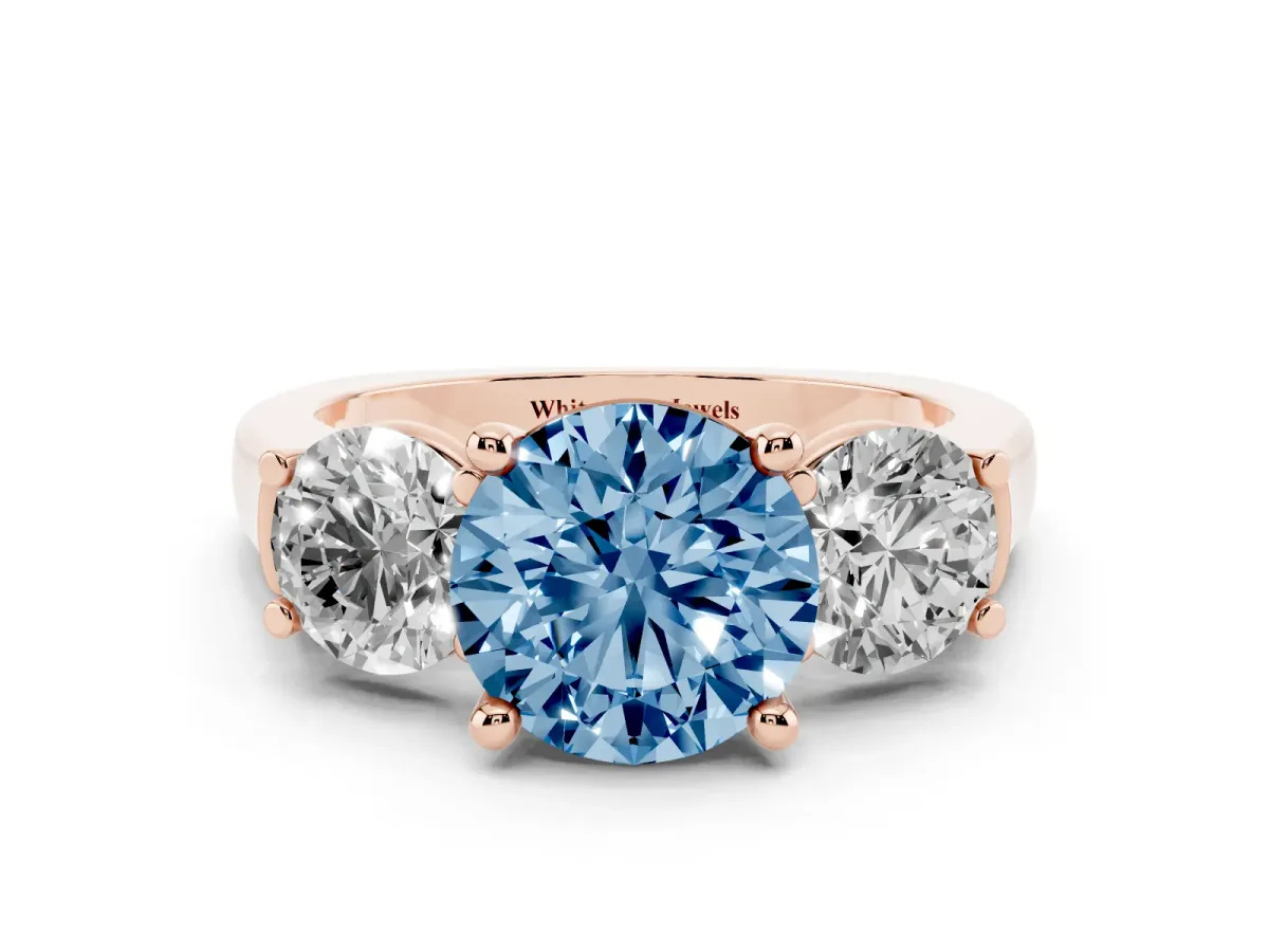 Fancy Blue Three-Stone Round Cut Brilliant Diamond Trellis Ring with Comfort Fit Band Rose gold