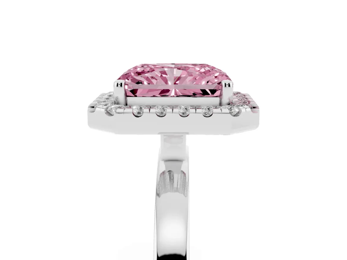 Fancy Pink Radiant Cut Halo Diamond Solitaire with Pavé Band and Four-Prong Setting Silver