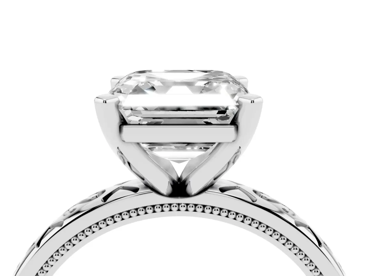 Asscher Cut Solitaire Engagement Ring with Scrollwork Band and Four-Prong Setting Silver