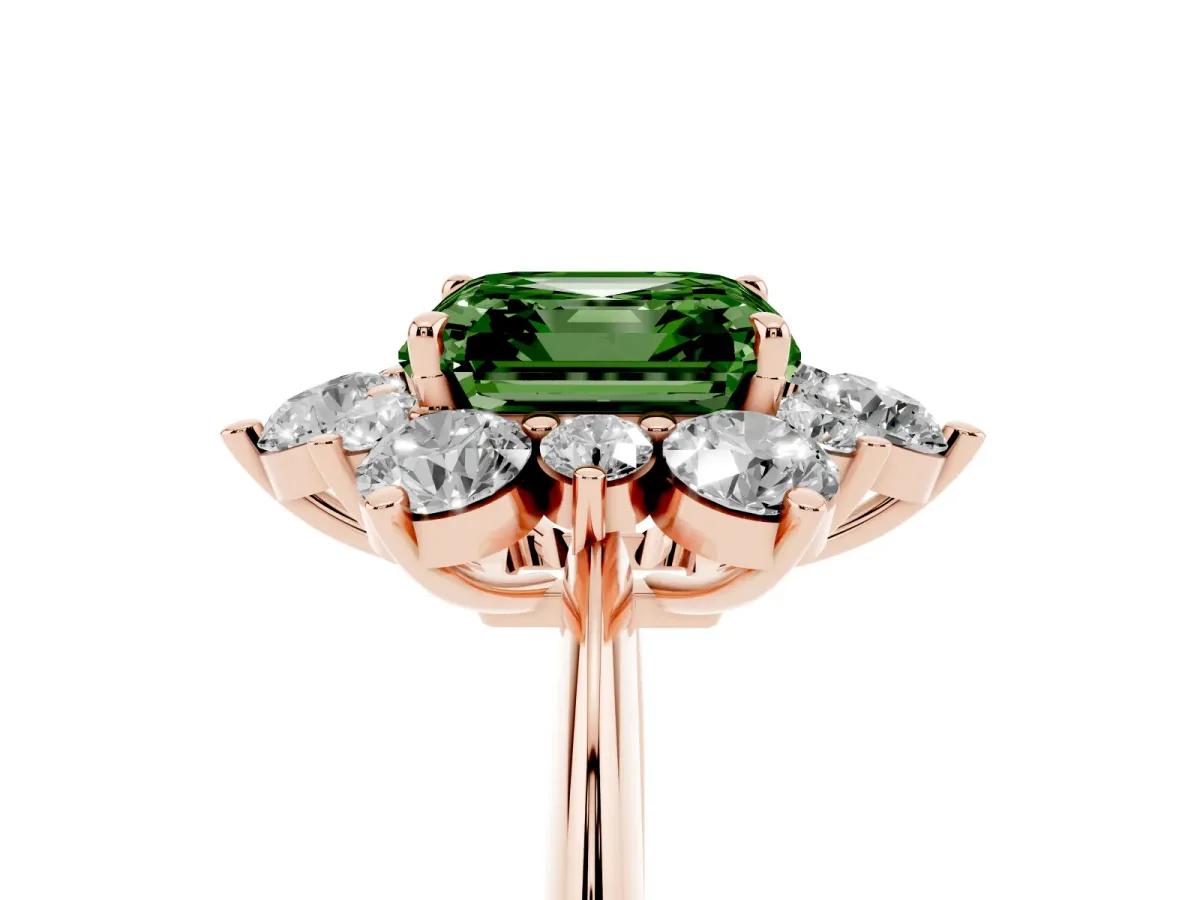 Fancy Green Asscher Cut Diamond Cluster Halo Ring with Solitaire Band and Four-Prong Setting Rose gold