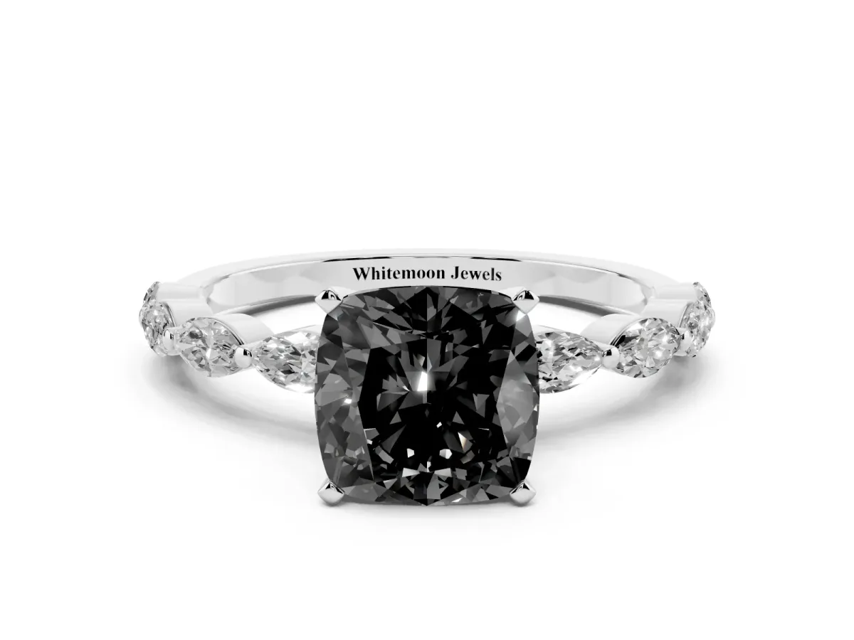 Fancy Black Cushion Cut Diamond Ring with Marquise Side Stones and Prong Setting Platinum
