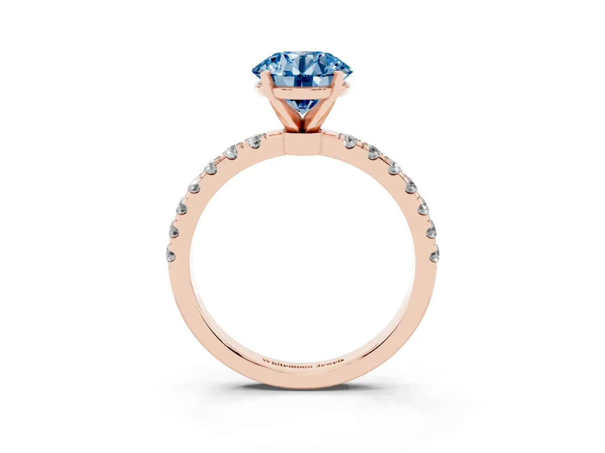 Fancy Blue Round Cut Diamond Solitaire Ring with Pavé Accents and Four-Prong Setting Rose gold