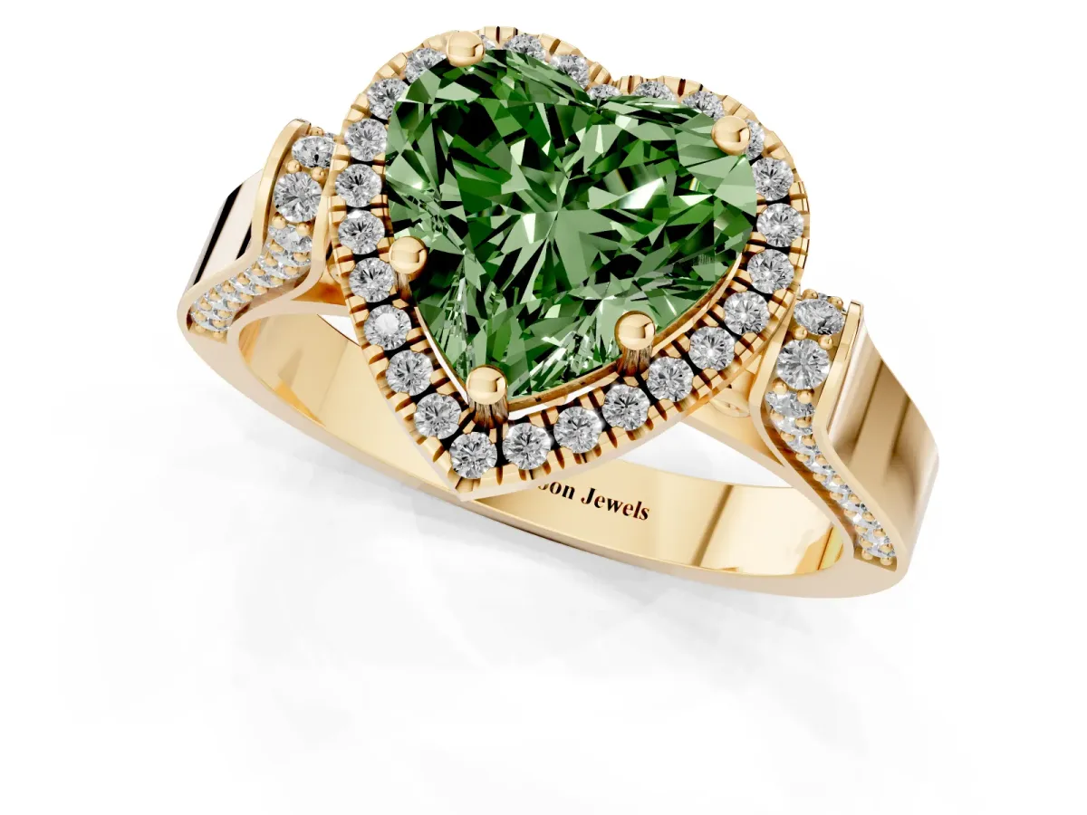 Fancy Green Heart Cut Halo Pave Split Shank Prong Setting Ring Yellow gold