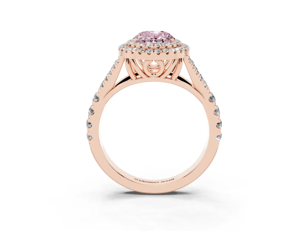 Fancy Pink Double Halo Oval Cut Diamond Split Shank Engagement Ring with Four-Prong Setting Rose gold