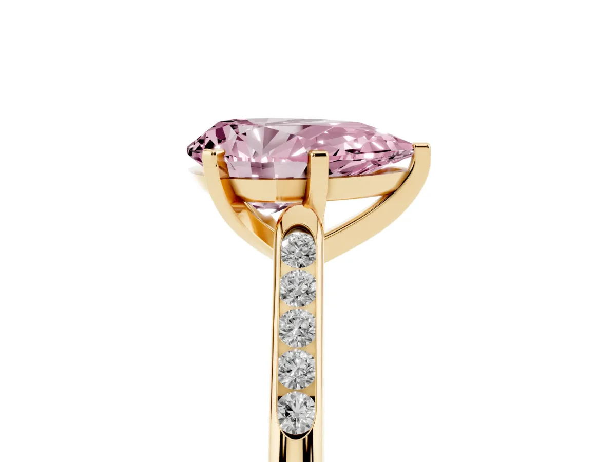 Fancy Pink Pear Cut Diamond Solitaire Ring with Channel Set Round Band and Prong Setting Yellow gold