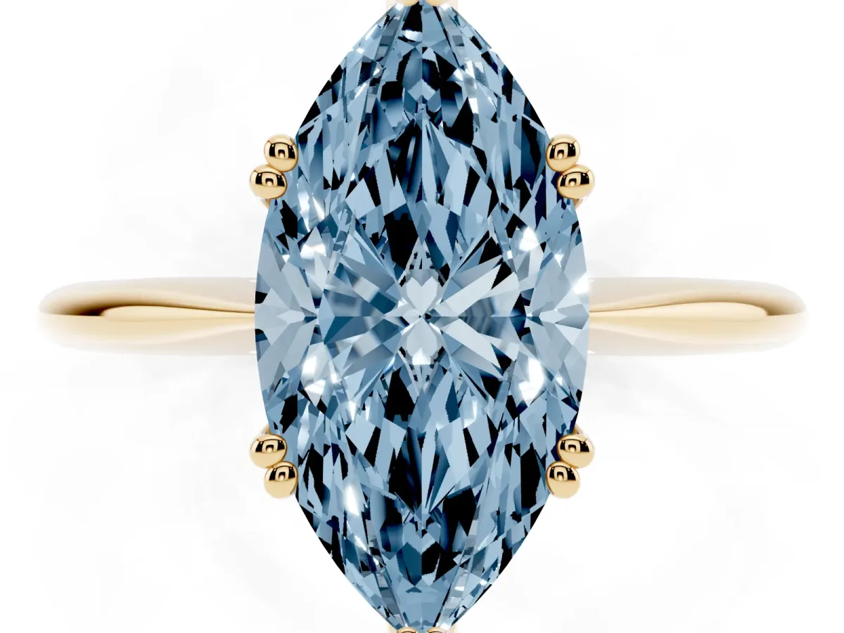 Fancy Blue Marquise Cut Solitaire Diamond Ring with Six-Prong Setting and Classic Band Yellow gold