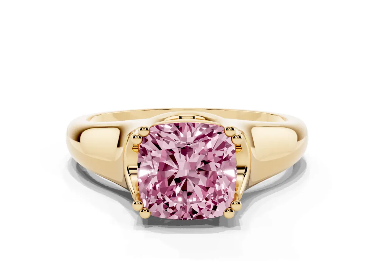 Fancy Pink Cushion Cut Diamond Solitaire Ring with Wide Band and Prong Setting Yellow gold