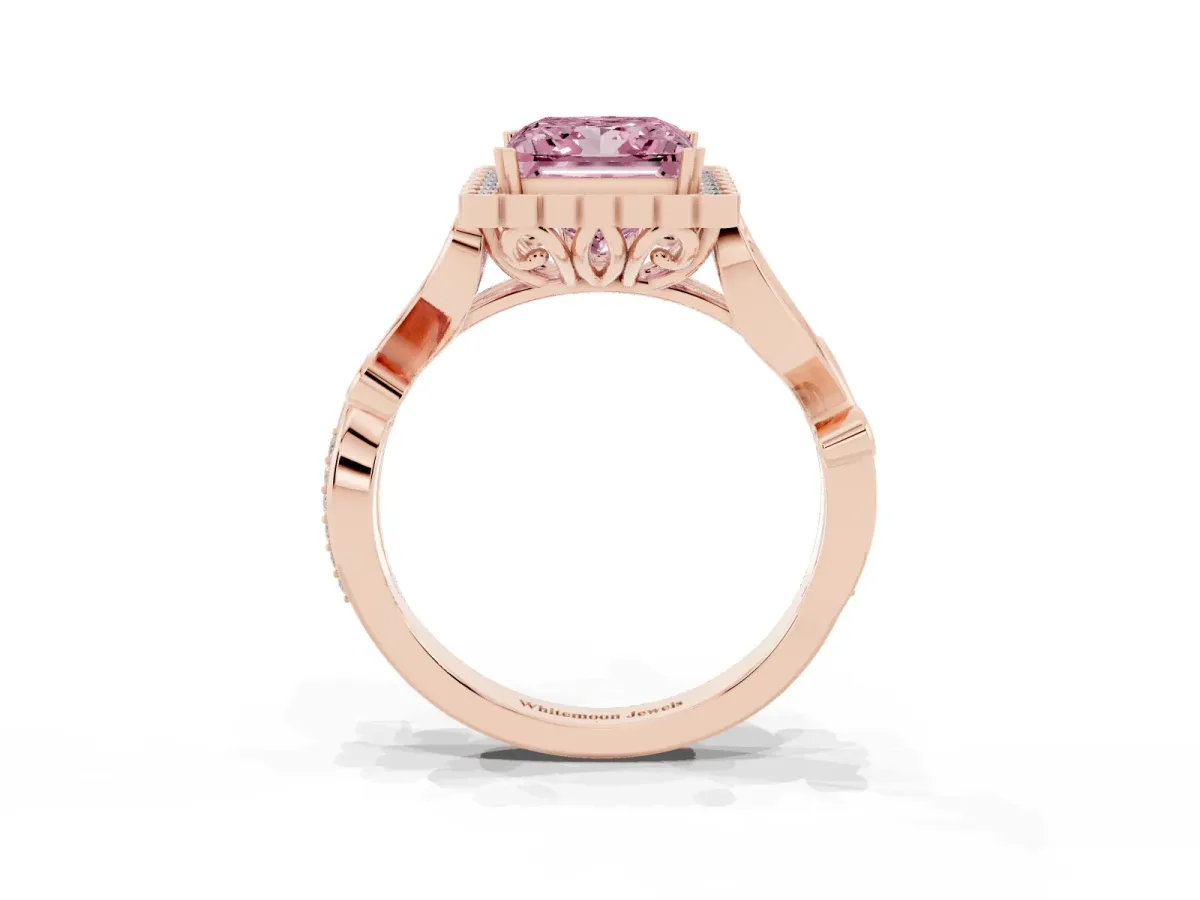 Fancy Pink Princess Cut Diamond Halo Ring with Vintage Split Shank and Four-Prong Setting Rose gold