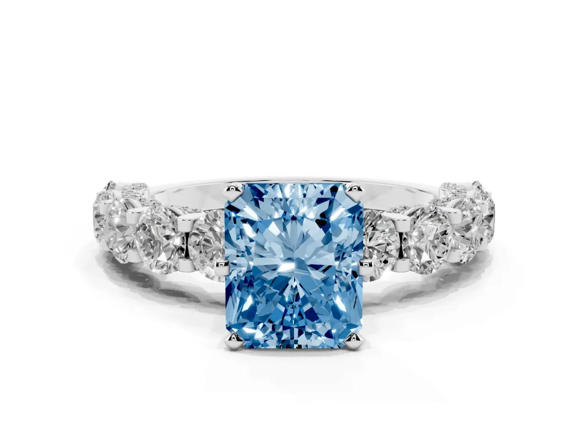 Fancy Blue Radiant Cut Diamond Side Stone Engagement Ring with Four-Prong Setting White gold