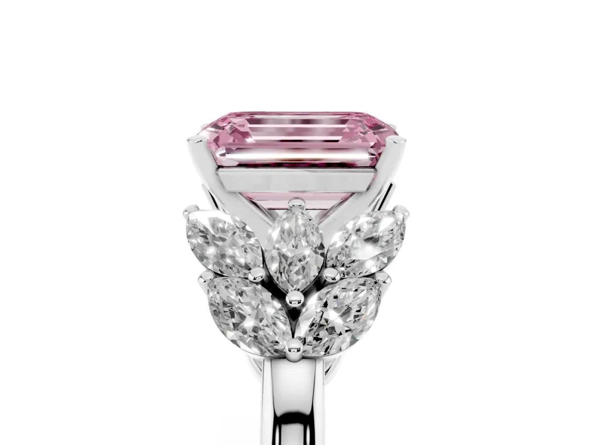 Fancy Pink Emerald Cut Diamond Cluster Leaf Design Ring with Prong Setting Platinum