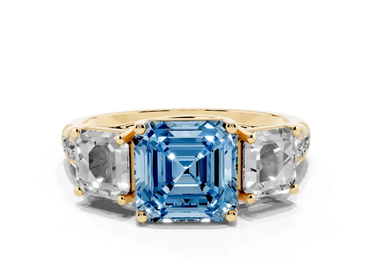 Fancy Blue Three-Stone Asscher Cut Diamond Pavé Band with Prong Setting Yellow gold