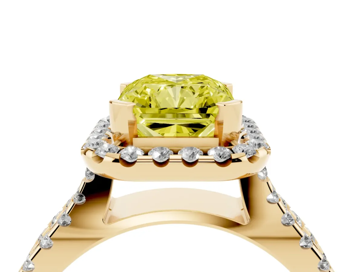Fancy Yellow Radiant Cut Diamond Halo Ring with Split Shank Pavé Band and Prong Setting Yellow gold