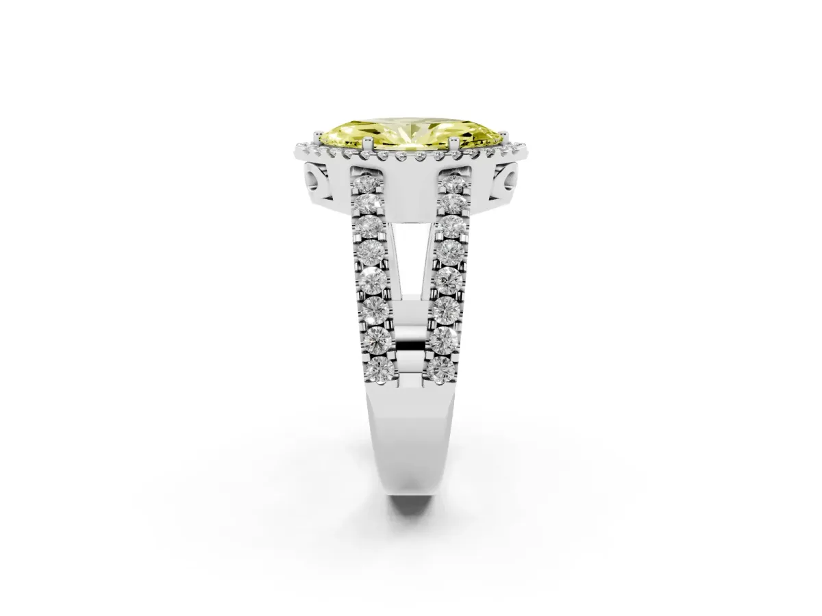 Fancy Yellow Marquise Cut Cut Halo Split Shank Diamond Ring with Four-Prong Setting Platinum