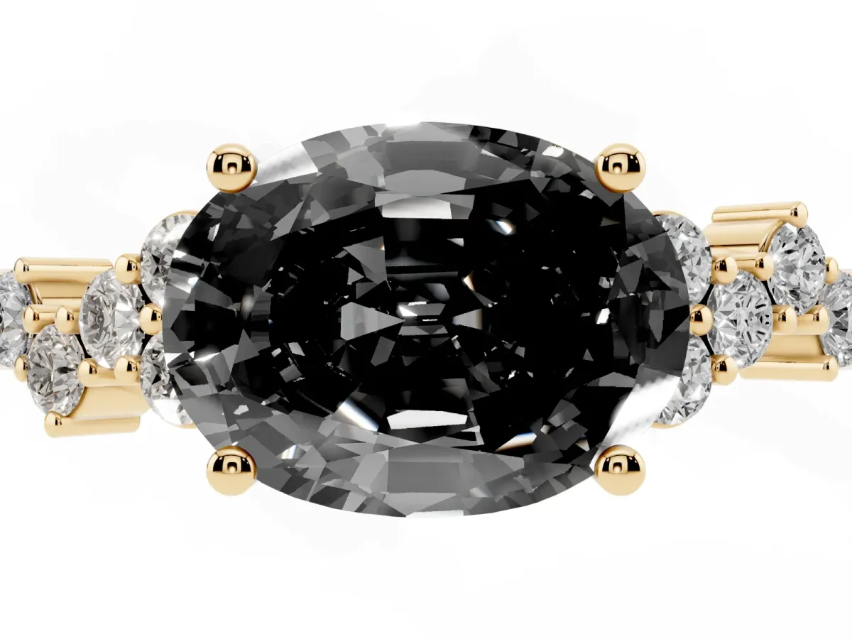 Fancy Black Oval Cut Diamond Scattered Round Accent Ring with Prong Setting Yellow gold