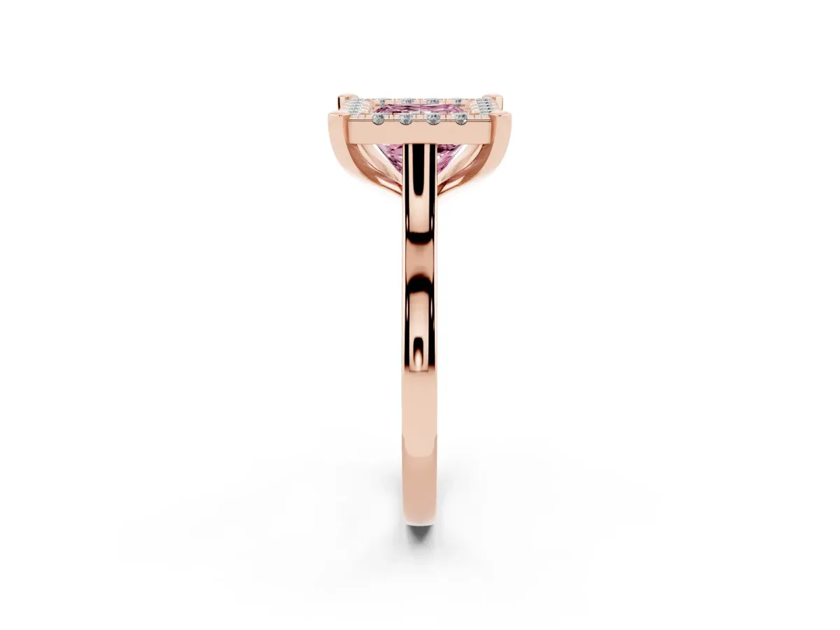 Fancy Pink Princess Cut Diamond Cluster Halo Solitaire with Four-Prong Setting Rose gold