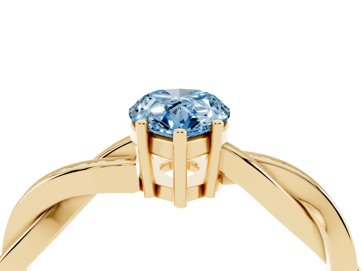 Fancy Blue Pear Cut Solitaire Twisted Pave Diamond Ring with Four-Prong Setting Yellow gold