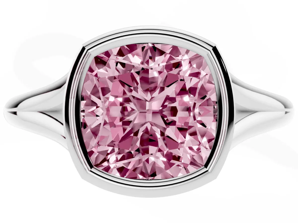 Fancy Pink Bezel Set Cushion Cut Cut Solitaire Ring with Tapered Band Silver