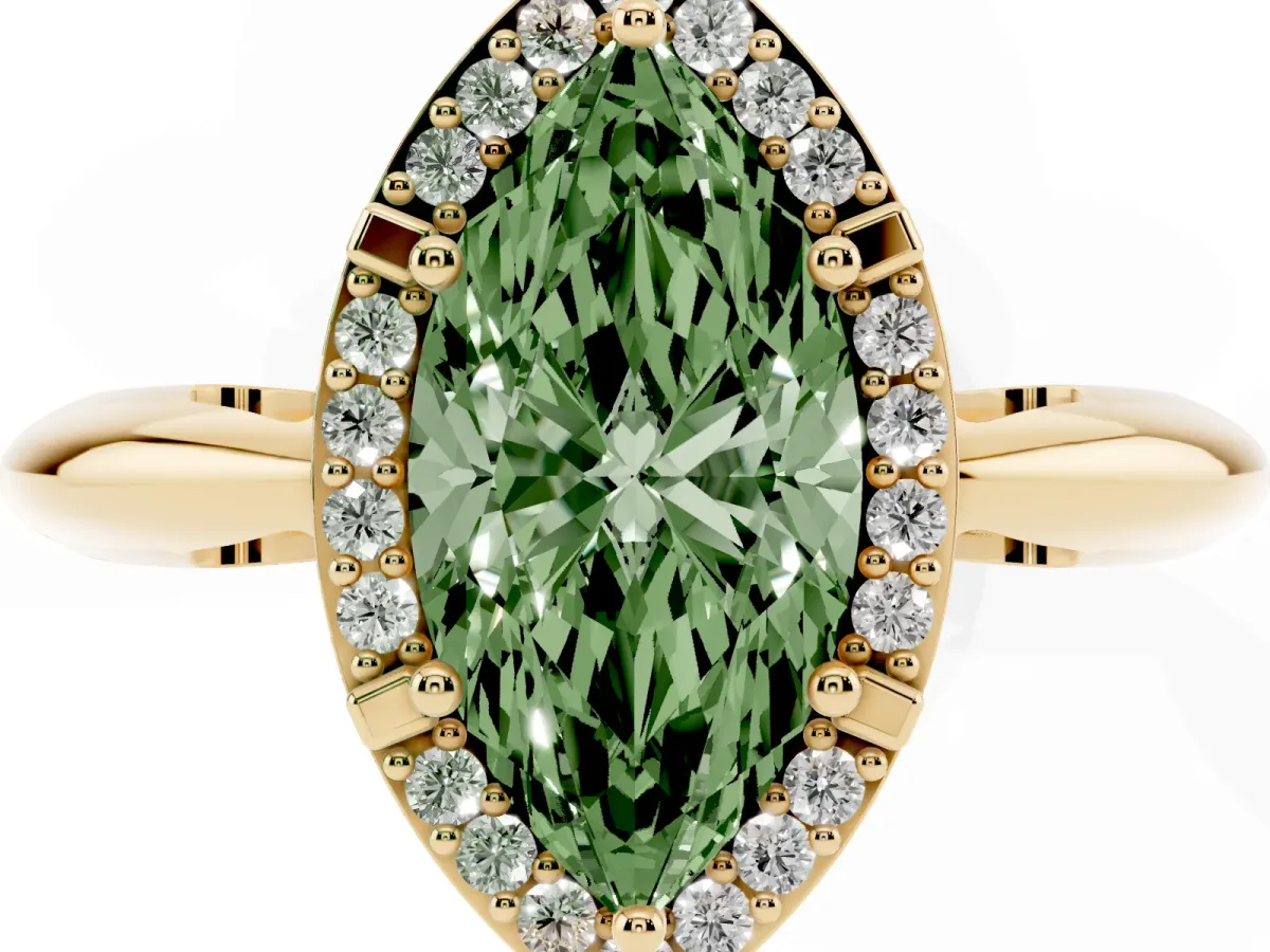 Fancy Green Marquise Cut Cut Diamond Halo Engagement Ring with Split Shank and Four-Prong Setting Yellow gold