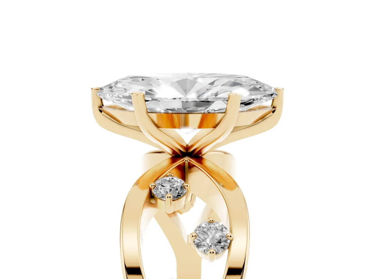 Marquise Cut Cut Solitaire Diamond with Side Stones on Criss-Cross Band and Four-Prong Setting Yellow gold
