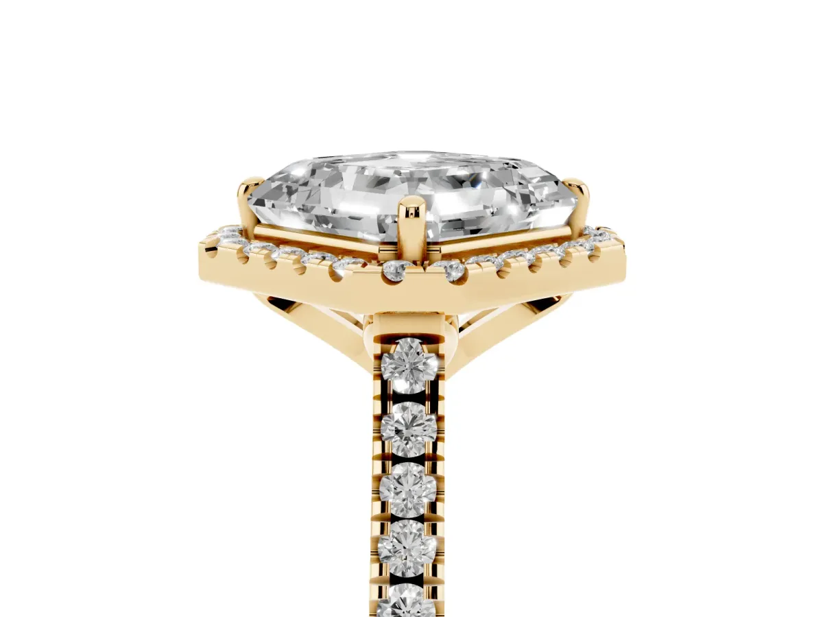 Asscher Cut Diamond Cushion Halo Ring with Pavé Band Yellow gold