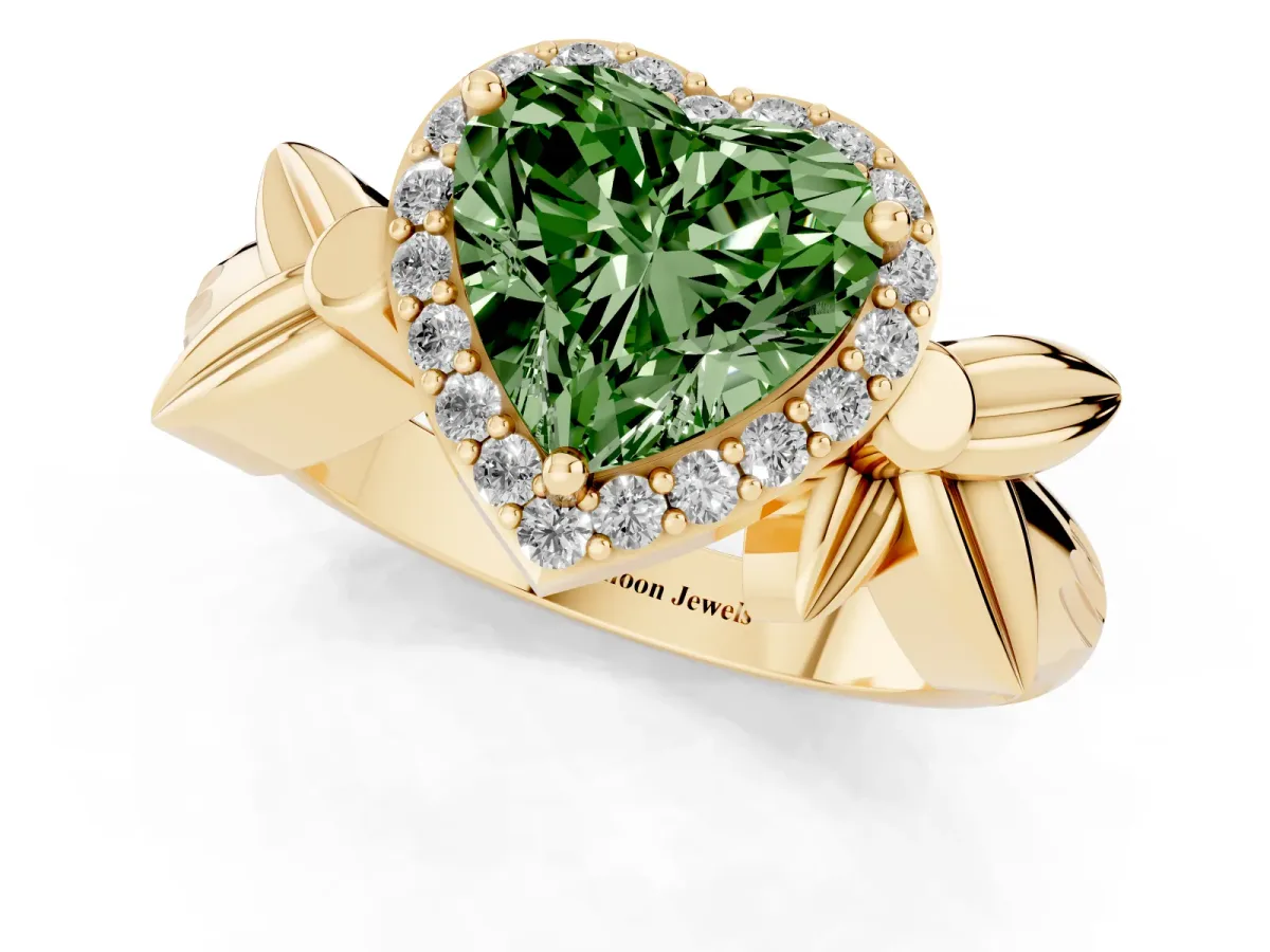 Fancy Green Heart Cut Halo Diamond Floral Band with Four-Prong Setting Yellow gold