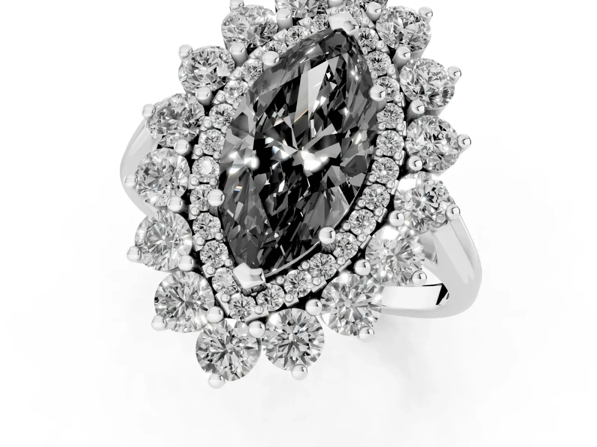 Fancy Black Marquise Cut Diamond Floral Double Halo Engagement Ring with Prong Setting Silver